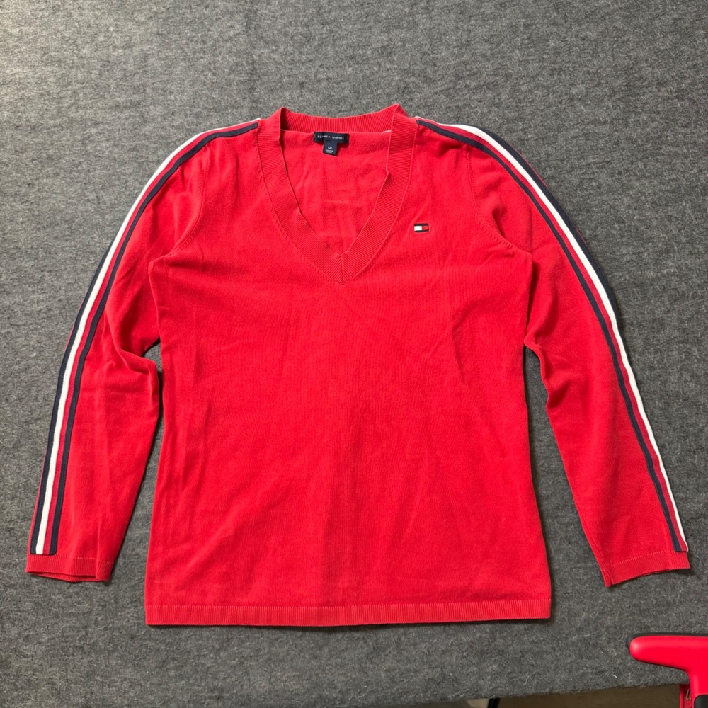 VTG Y2K Tommy Hilfiger Red V-Neck Racing Stripe Sweater Womens Small